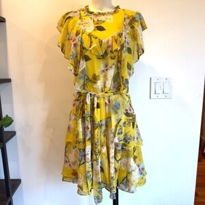 Marissa Webb x RTR Floral Ruffle Chiffon Tie Mini Dress-Yellow Floral-Size 4